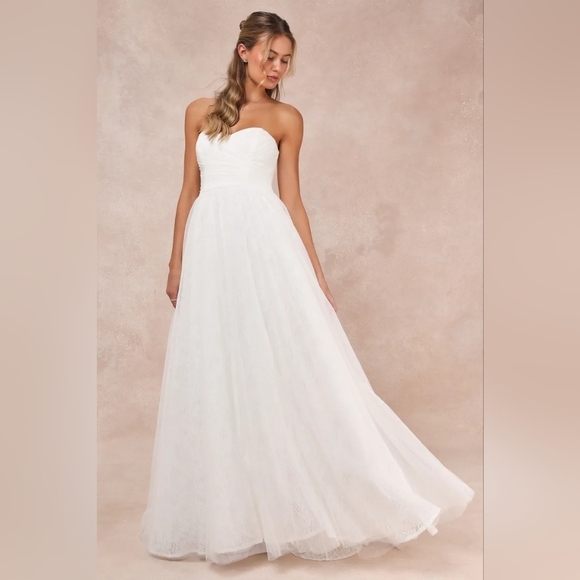Lulus Blissful Forever White Tulle Lace Strapless Pleated Maxi Dress S Wedding - Picture 2 of 11